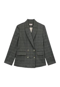 Blazer doppiopetto grigio e nero a scacchi, con collettino a rever, due tasche frontali e spalle strutturate. Tessuto morbido.