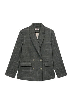 Dwurzędowa marynarka w kratę w odcieniach szaro-czarnych, z wyłogowym kołnierzem, dwoma przednimi kieszeniami i usztywnionymi ramionami. Gładki materiał.