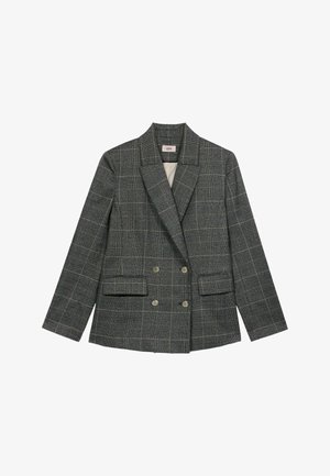 Dwurzędowa marynarka w kratę w odcieniach szaro-czarnych, z wyłogowym kołnierzem, dwoma przednimi kieszeniami i usztywnionymi ramionami. Gładki materiał.