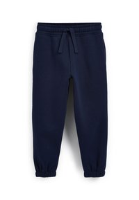 Marineblå sweatpants lavet af blødt stof, med en elastisk talje og snøre, samt elastiske manchetter ved anklerne.