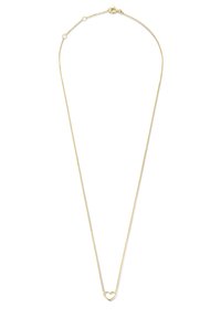 Gold-tone chain necklace features a delicate heart pendant. Simple design with a thin, textured chain and spring clasp closure.