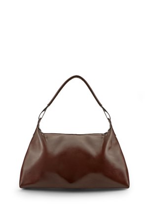 Borsa a tracolla in pelle marrone con una singola maniglia e chiusura con zip, mostrata su uno sfondo bianco semplice.