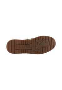 Suola in gomma marrone con un leggero motivo di battistrada e logo di un cavallo in rilievo; forma arcuata con scanalature orizzontali per una migliore aderenza.
