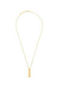 Collier en pendentif en or avec un charm rectangulaire, doté d'une chaîne fine, d'une surface brillante, d'une texture lisse et d'une longueur ajustable.