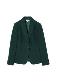 Blazer verde in misto lana con chiusura a un bottone, rever a punta e due tasche frontali. Tessuto strutturato con fodera liscia.