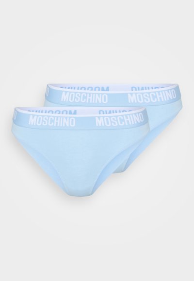 Light blue cotton briefs with a white Moschino logo waistband. The design features a smooth texture and a classic bikini cut. Two pieces included.