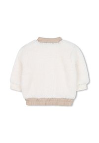 Crème-kleurige, pluche fleecejack met een beige geribde tailleband en kraag. Heeft korte mouwen en een zachte textuur.