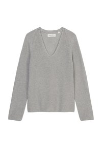 Maglione grigio chiaro lavorato a maglia con scollo a V, maniche lunghe e un motivo a coste texturizzato. Realizzato in materiale morbido e flessibile.
