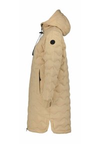 Parka acolchada beige con un patrón de olas, mangas largas, capucha y puños elásticos. Presenta un parche de logo negro y bolsillos laterales con cremallera.