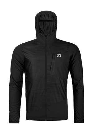 Schwarze, leichte, durchgehende Reißverschlussjacke mit Kapuze, Brusttasche mit weißem Logo und langen Ärmeln aus strukturiertem Stoff.