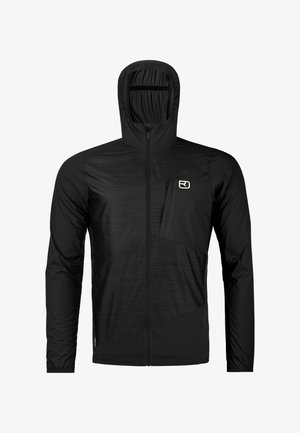 Schwarze, leichte, durchgehende Reißverschlussjacke mit Kapuze, Brusttasche mit weißem Logo und langen Ärmeln aus strukturiertem Stoff.