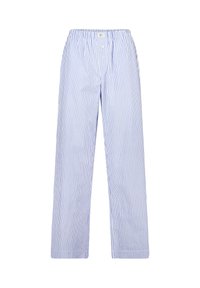 Pantalones de corte holgado a rayas verticales en azul y blanco con cintura elástica y dos botones en la parte frontal.
