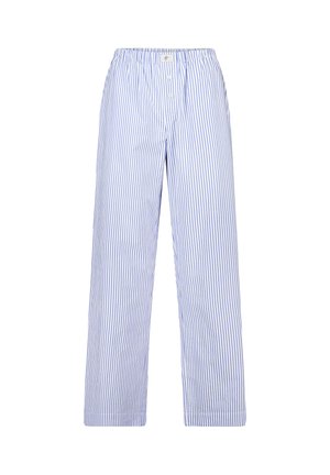 Pantaloni a righe verticali blu e bianche, a vestibilità ampia, con vita elasticizzata e due bottoni sul davanti.