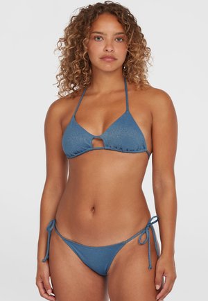 Blue bikini set featuring a triangle top with a keyhole detail and adjustable straps, and matching low-rise bottoms with tie sides.
