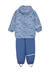 Waterproof children's two-piece rain suit featuring a light blue jacket with fish and marine life pattern, paired with dark blue pants.