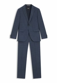 Marineblauw kostuumset met een gestructureerde stof, een enkelgerijpte blazer met notch revers en rechte broekspijpen. Merklabel zichtbaar.