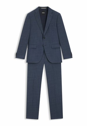 Navy blue suit set featuring a textured fabric, single-breasted blazer with notch lapels, and straight-leg trousers. Brand label visible.