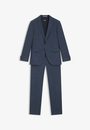 Marineblauw kostuumset met een gestructureerde stof, een enkelgerijpte blazer met notch revers en rechte broekspijpen. Merklabel zichtbaar.