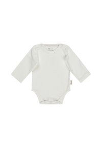 Weißer Langarm-Body für Babys mit Druckknöpfen an den Schultern und im Schritt, schlichtes Design auf weißem Hintergrund.