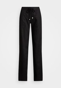 Black linen pants with a straight leg design, featuring a drawstring waist and two side pockets. Smooth texture with a minimalist aesthetic.