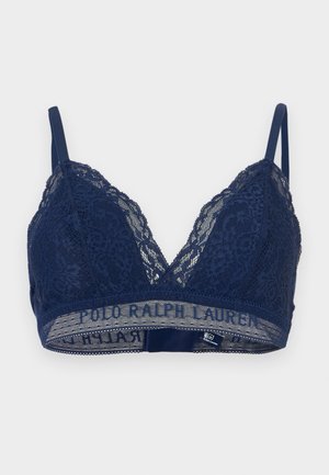 Bralette en dentelle bleu marine avec bretelles réglables et bande élastique ornée du logo Polo Ralph Lauren.