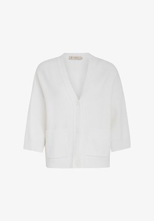 Valge kardigan pehmest kudumisest, millel on V-kujuline kaelus, kolmveerandi pikkused varrukad, ees nupuga sulgemine ja kaks ees olevat klapikotti.