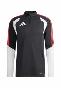 Sort langærmet sportstrøje med halv lynlås og krave, med røde og hvide detaljer samt et Adidas-logo på venstre bryst.