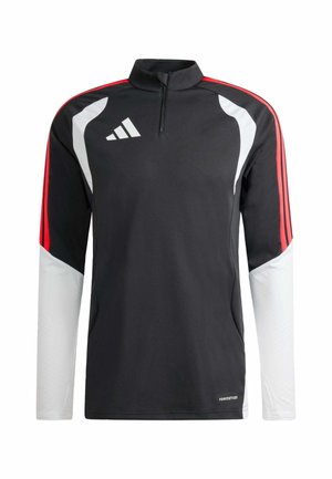 Musta pitkähihainen urheilupaita, jossa on puolivetoketjullinen kaulus ja punaiset sekä valkoiset yksityiskohdat, sekä Adidas-logo vasemmassa rinnassa.