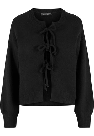 Zwarte gebreide cardigan met een ronde hals en een sluiting met strik aan de voorkant. Heeft lange mouwen en een geribde zoom. Zachte textuur en een casual ontwerp.