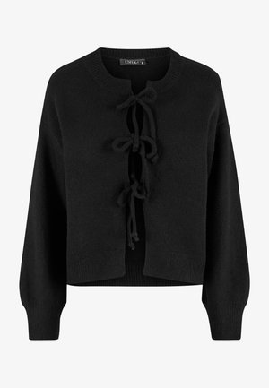 Zwarte gebreide cardigan met een ronde hals en een sluiting met strik aan de voorkant. Heeft lange mouwen en een geribde zoom. Zachte textuur en een casual ontwerp.