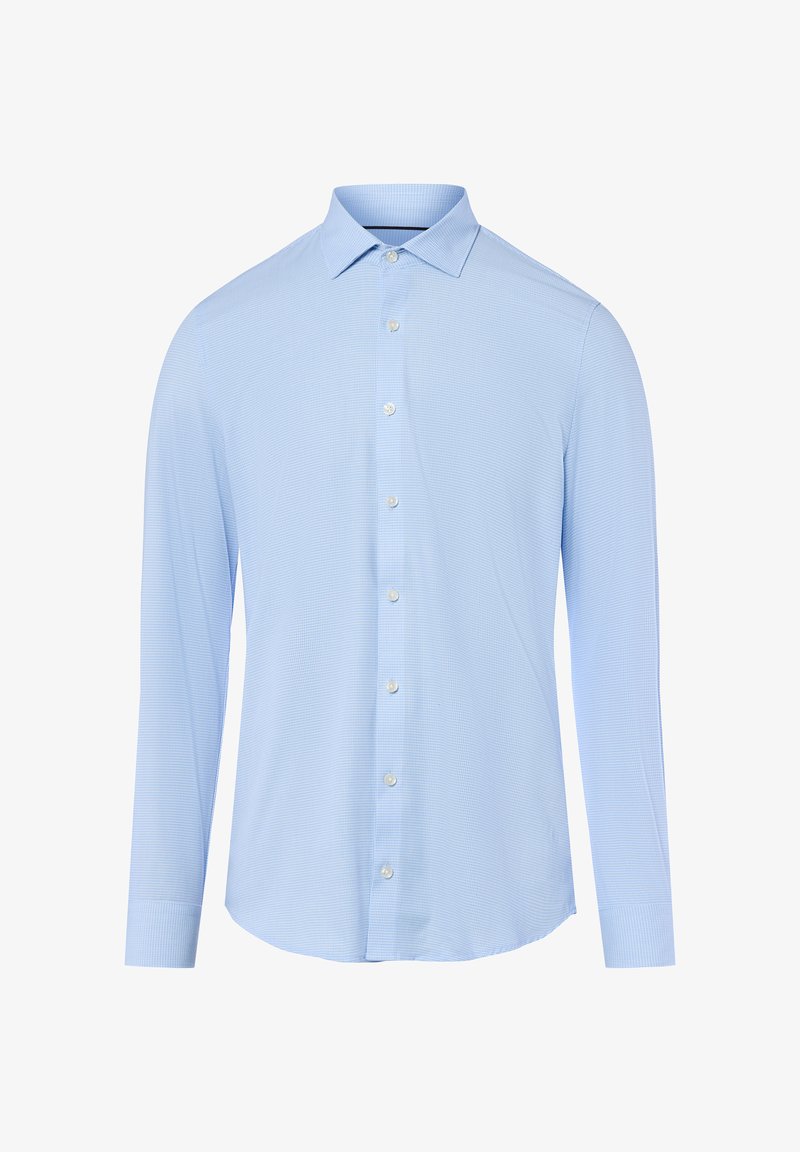 Jasnoniebieska koszula z długim rękawem, z kołnierzykiem zapinanym na guziki, w kratkę, z pięcioma guzikami z przodu; materiał wygląda na gładki i sztywny.