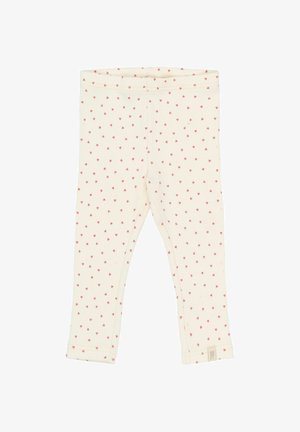 Fehér leggings kisméretű rózsaszín szívecskékkel, sima textúrával, rugalmas derékkal és felgöngyölt szárakkal. Kényelemre és rugalmasságra tervezve.