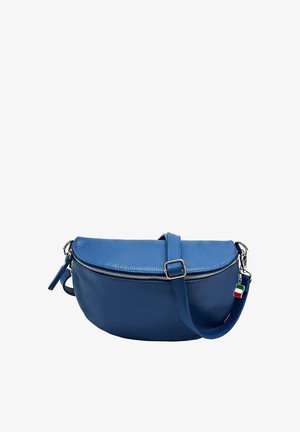 Blue leather crossbody bag with pebbled texture, silver zipper, adjustable strap, and small Italian flag charm on the side ring.