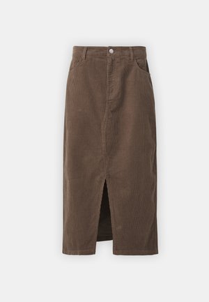 Bruine corduroy midi-rok met een split aan de voorkant, zijzakken, knoopsluiting en textielstructuur. Ontworpen voor een getailleerd silhouet.