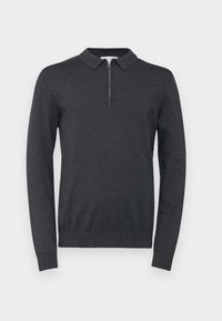 Maglione grigio scuro con colletto a zip, maniche lunghe, polsini e orlo a costine. Texture morbida, design minimalista.