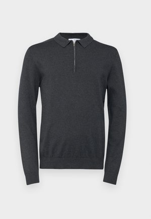 Dunkelgrauer Pullover mit Reißverschlusskragen, langen Ärmeln, gerippten Bündchen und Saum. Weiche Textur, minimalistisches Design.