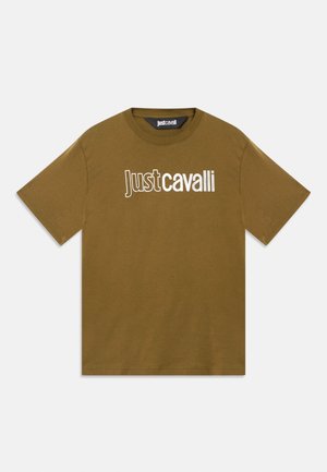 Brown short-sleeve t-shirt with white "Just Cavalli" logo centered on the front.