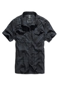 Chemise à manches courtes à carreaux noirs avec des accents bleus, boutonnée sur le devant, deux poches poitrine et un col. Fabriquée en tissu léger.
