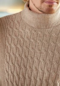 Jersey de cuello alto color beige con tejido de cable y cuello acanalado, que presenta un patrón texturizado de cables entrelazados y una apariencia de tela de punto suave.