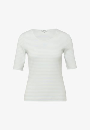 Witte aansluitende korte mouw t-shirt met subtiele lichtblauwe horizontale strepen en een ronde halslijn.