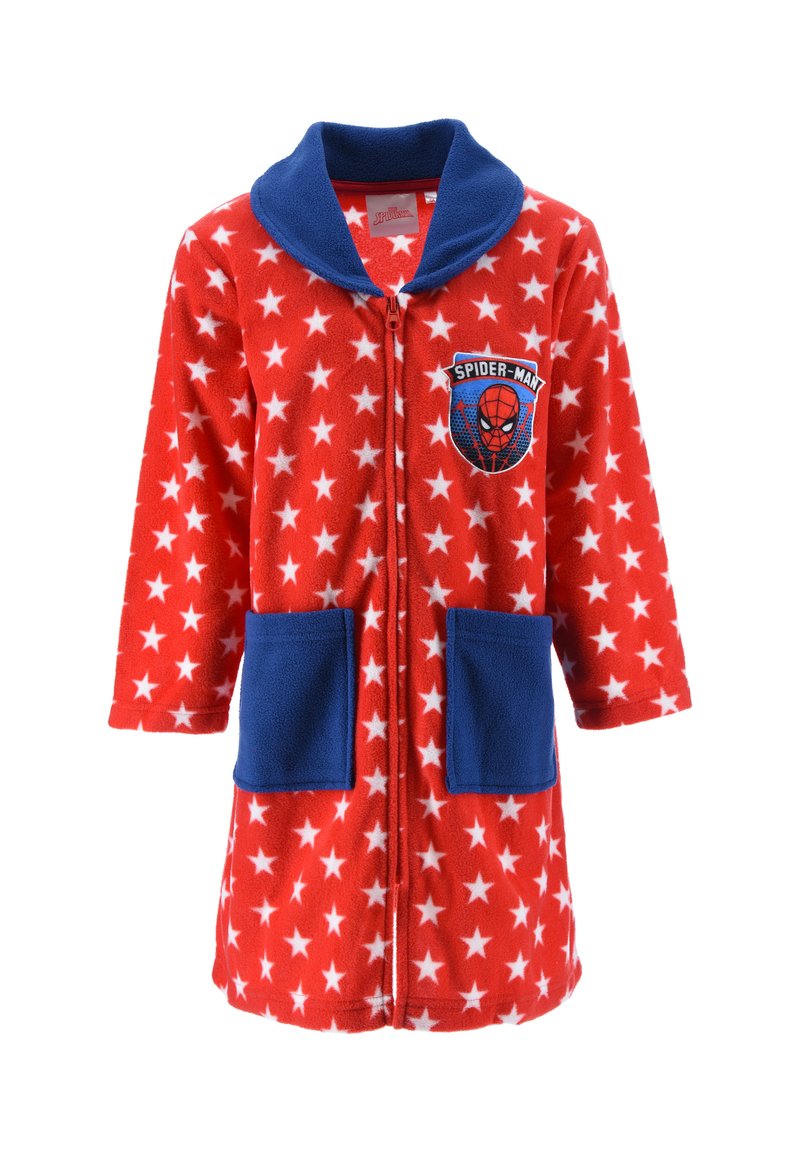 Red fleece robe with white star pattern, blue collar and pockets, features a Spider-Man patch. Front zipper closure. Long sleeves.