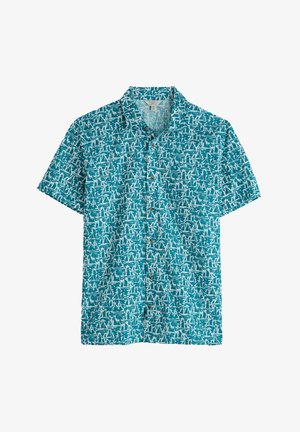 Koszulka z krótkim rękawem w kolorze turkusowym z białym wzorem żaglówki. Wykonana z lekkiego materiału, z guzikami z przodu i kołnierzykiem.