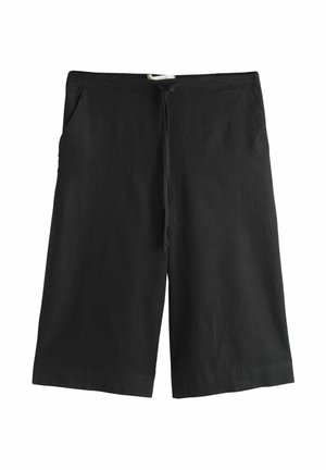 Sorte knælange shorts med elastisk taljebånd og snøre foran, med sidelommer og enkelt design.