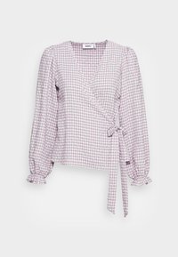 Blusa envolvente em padrão de gorgorão lilás claro, com decote em V, mangas longas bufantes com punhos franzidos e detalhe de cintura amarrada.