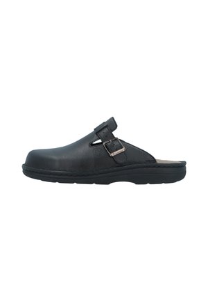Schwarzer Leder-Slipper-Clog mit verstellbarer seitlicher Schnalle und gepolsterter Sohle, designed für Komfort und legere Trageweise.