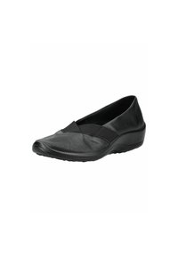 Chaussure femme noire à enfiler, à petit talon compensé, bout arrondi et bride élastique croisée sur tige en cuir souple.