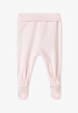 Legging pour bébé en coton rose clair avec une taille élastique douce et des poignets de cheville froncés pour plus de confort. Tissu lisse, extensible.