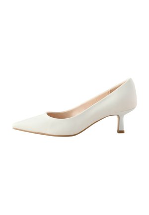 White leather pump with a pointed toe, low block heel, and smooth texture. Features a minimalist design and neutral color.