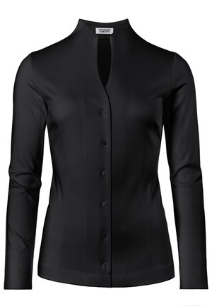 Camicia nera con bottone, maniche lunghe, colletto mandarino alto e tessuto liscio. Presenta una pattina frontale con sei bottoni e un design aderente.