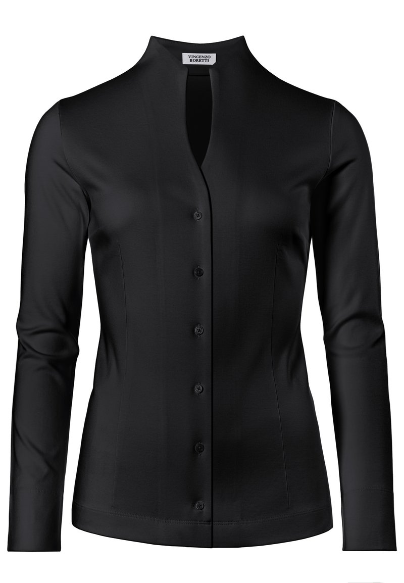 Schwarzes Button-up-Hemd mit langen Ärmeln, hohem Mandarin-Kragen und glattem Stoff. Verfügt über eine vordere Leiste mit sechs Knöpfen und einer taillierten Passform.